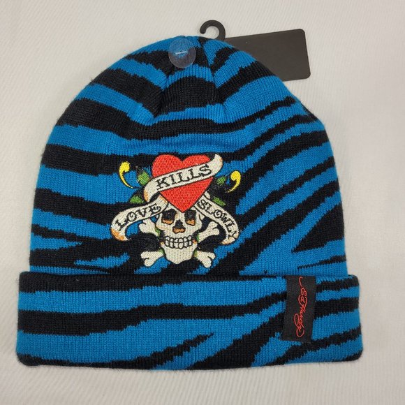 Ed Hardy Love Kills Slowly Toque Beanie Winter Knit Hat Pompom Skull Heart - Picture 1 of 2